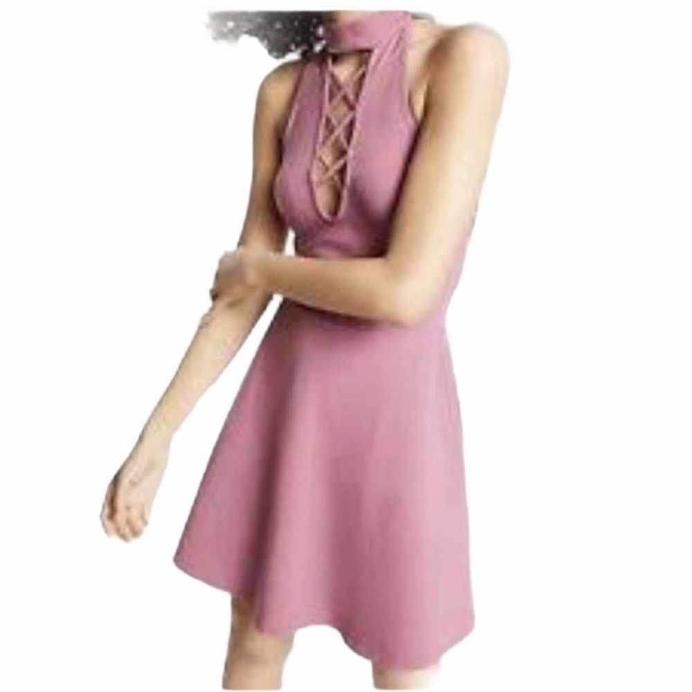 Express | NWT Pink Lace Up Mock Neck Skater Dress •